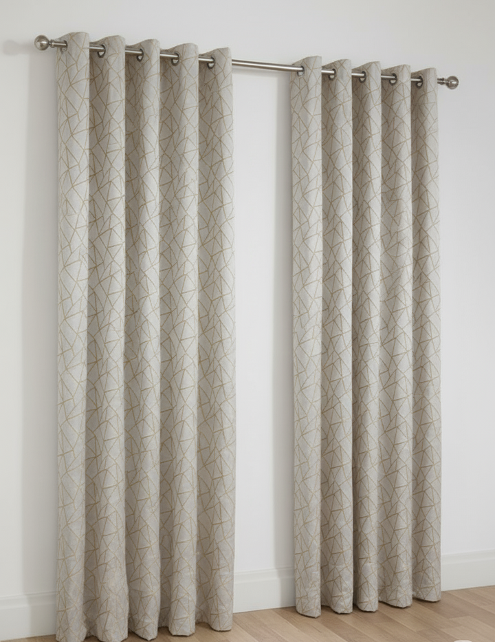 1205 - Off White & Gold Geometrical Ready Made Curtain Panel(s)