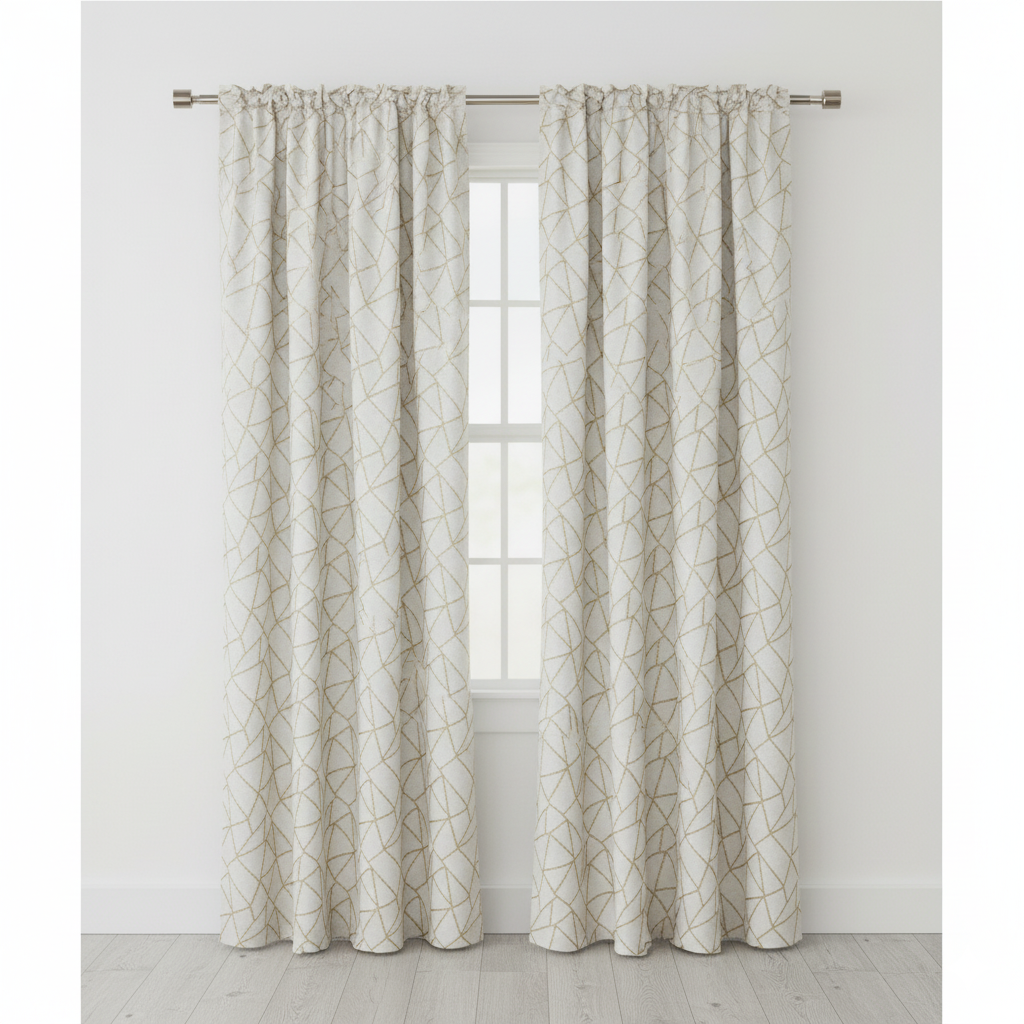 1205 - Off White & Gold Geometrical Ready Made Curtain Panel(s)