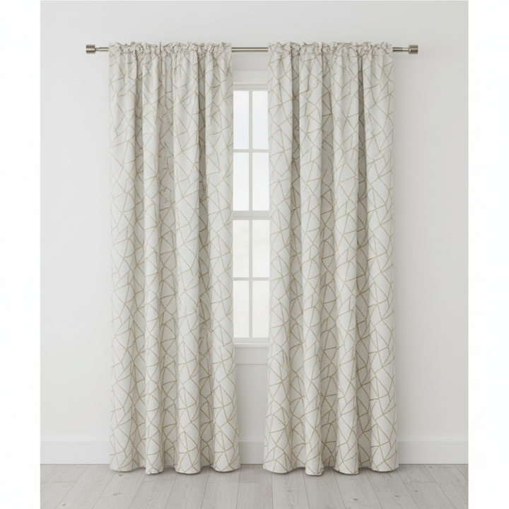 1205 - Off White & Gold Geometrical Ready Made Curtain Panel(s)